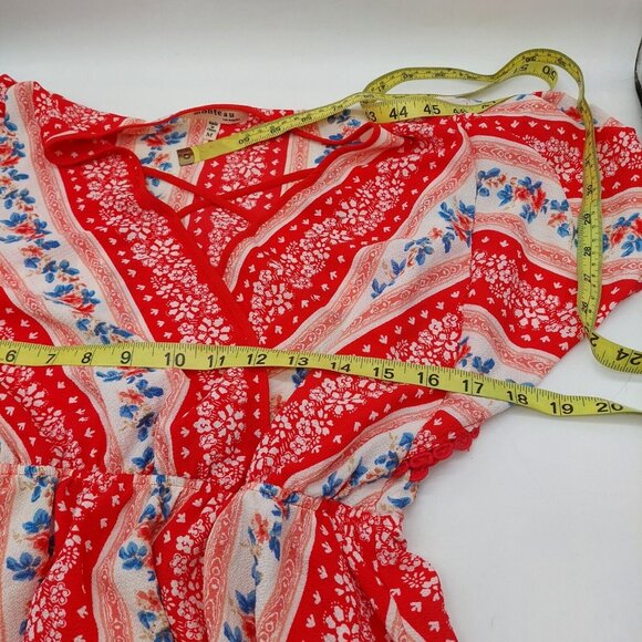 Monteau Blouse Red White Blue Flutter Dolman Sleeve Surplice Peplum Size Medium - Picture 6 of 7